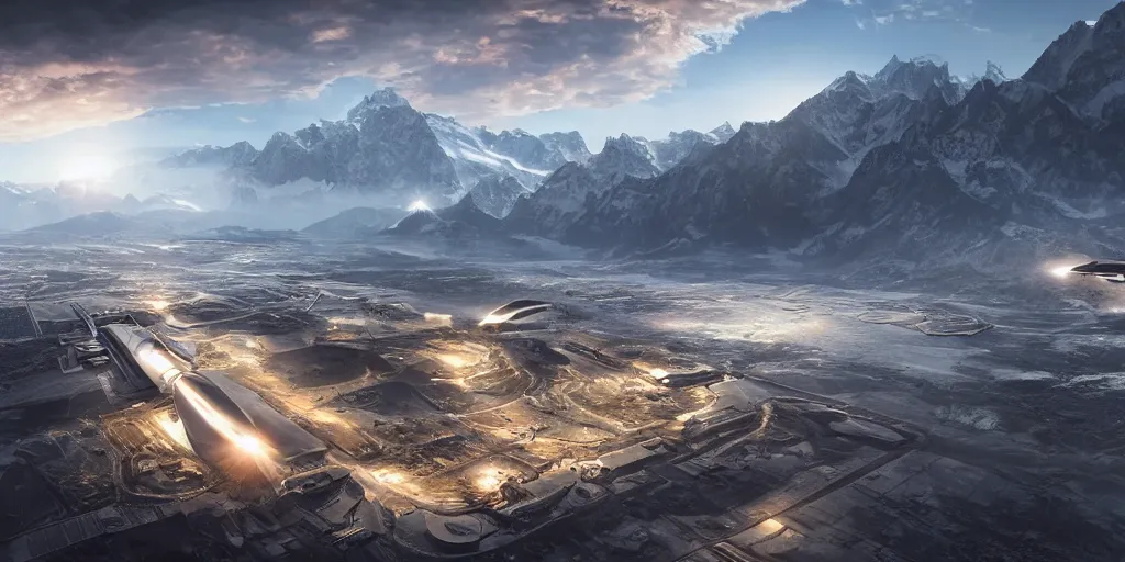 Prompt: a beautiful view of a spaceport in the alps, matte painting, cinematic lighting, hyper - detailed, 4 k, scifi