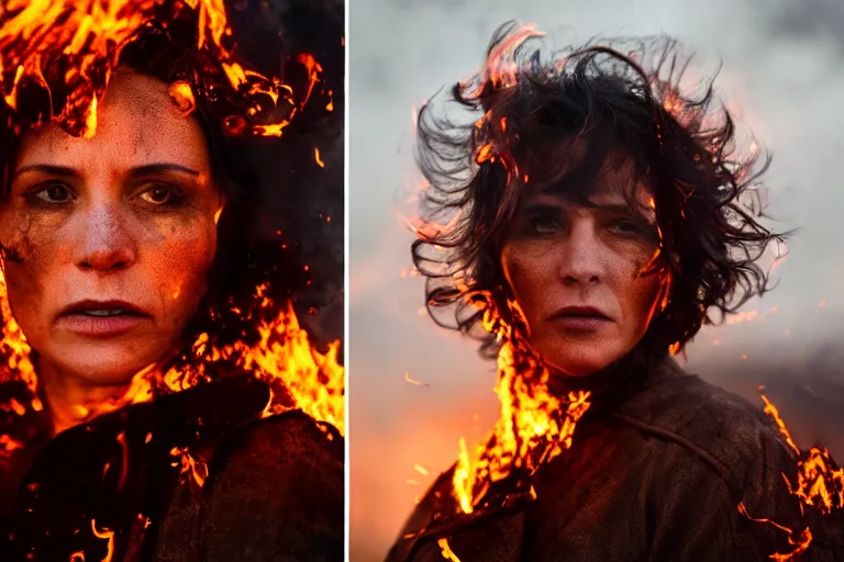 Prompt: a cinematic headshot portrait of a middle aged woman stood in a fire filled field, ultra realistic, depth, beautiful lighting