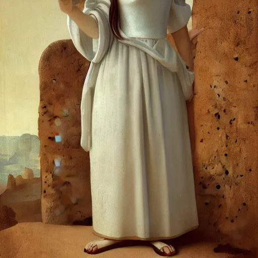 Prompt: a portrait of a beautiful young girl with white long dress crying in a desert by vermeer and line design by michael angelo , baroque, neo Gothic,matte painting, baroque detailes,photo real,concept art,highly detailed,sharp lines, hdri, 4k