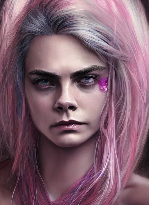 Image similar to Cara Delevigne, white hair, magenta shirt, gentle smile, beautiful detailed eyes, dirty, fantasy, intricate, rough, highly detailed, digital painting, 4k, HDR, concept art, detailed jewelry, smooth, sharp focus, illustration, art by Artgerm, H R Giger and Alphonse Mucha