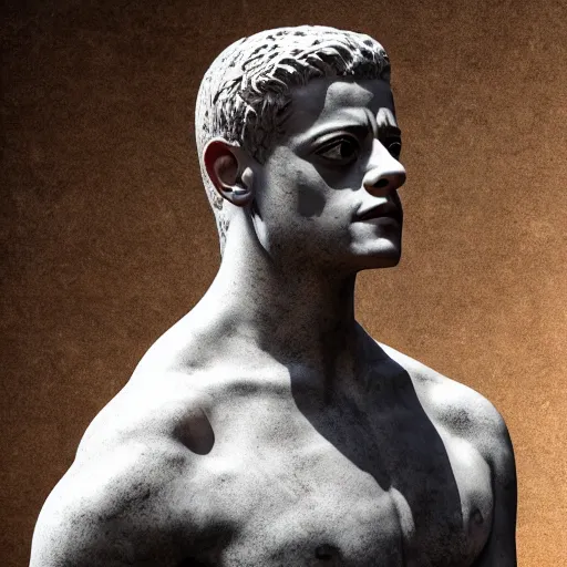 Image similar to rami malek as gorgeous statue of ancient roman emperor, 3 d photorealistic, high resolution render, museum photoshot, 8 k