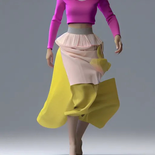 Image similar to a skirt ,silk and cotton,pink and light yellow,layers,long design,white belt,3d render ,fashion design ,highly detailed, hyper realistic,keyshot render,octane render,hdri, 4k -