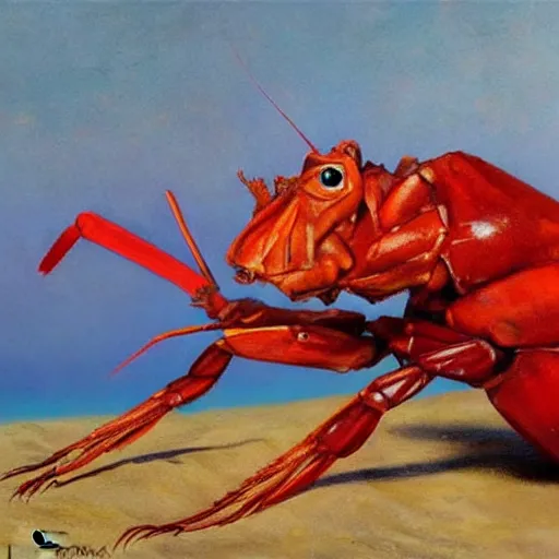 Prompt: ultra realistic portrait painting of a red prawn on a white beach, art by frank frazetta, 4 k, ultra realistic, highly detailed, epic lighting