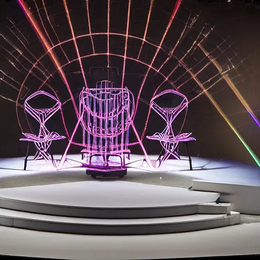 Prompt: an opera scenography of a tower of old chairs with laser lights.