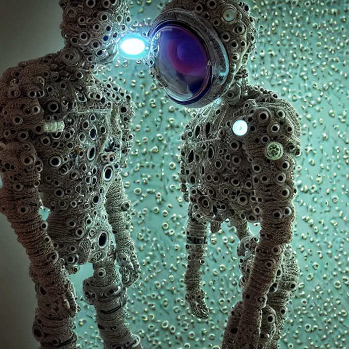 Image similar to a cybernetic symbiosis of a single astronaut mech-organic eva suit made of pearlescent wearing knitted shiny ceramic multi colored yarn thread infected with diamond 3d fractal lace iridescent bubble 3d skin dotted covered with orb stalks of insectoid compound eye camera lenses floats through the living room, film still from the movie directed by Denis Villeneuve with art direction by Salvador Dalí, wide lens,kevlar,carbon fiber,ceramics,gaseous materials,