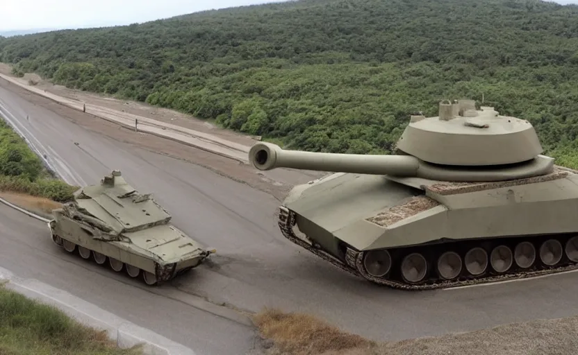 Prompt: A massive future tank, rolling down a highway