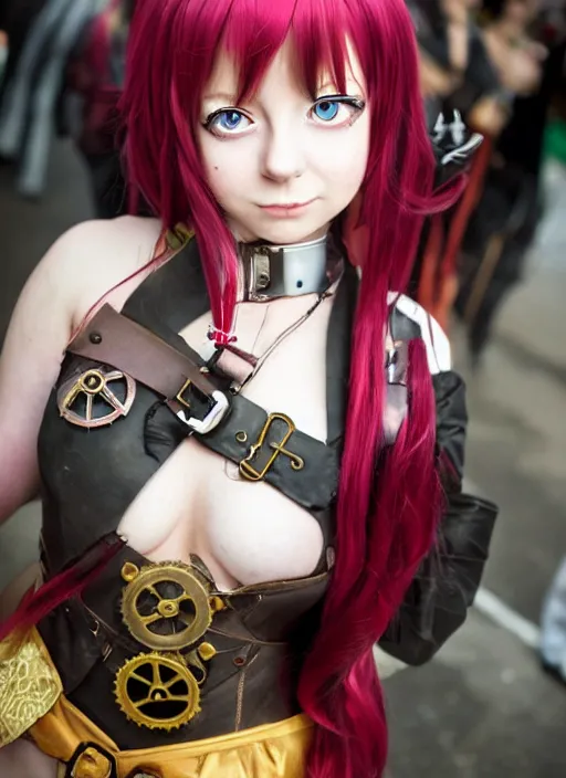 Prompt: photo of a girl cosplaying a steampunk anime girl