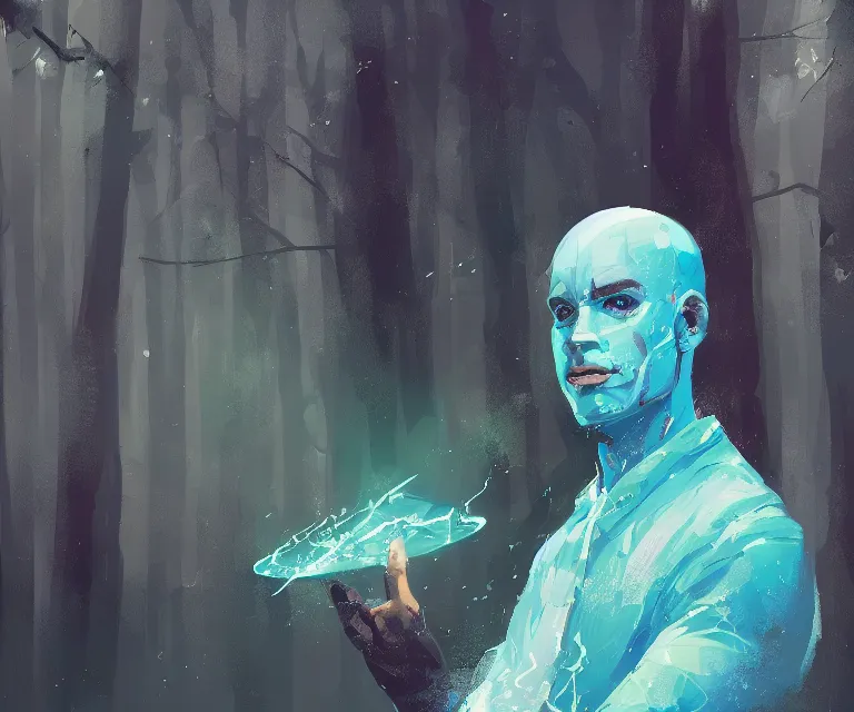 Image similar to painting close - up portrait of a young bald blue - skinned wizard in a forest, masterpiece, trending on artstation, by ismail inceoglu