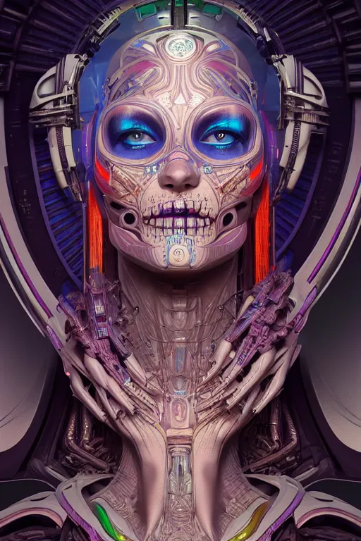 Prompt: ultra detailed Female Android deity, scifi, octane render, (dia de los muertos), asymmetrical, intricate concept art, triadic color scheme, art by artgerm and giger and DZO and greg rutkowski and alphonse mucha and loish and WLOP