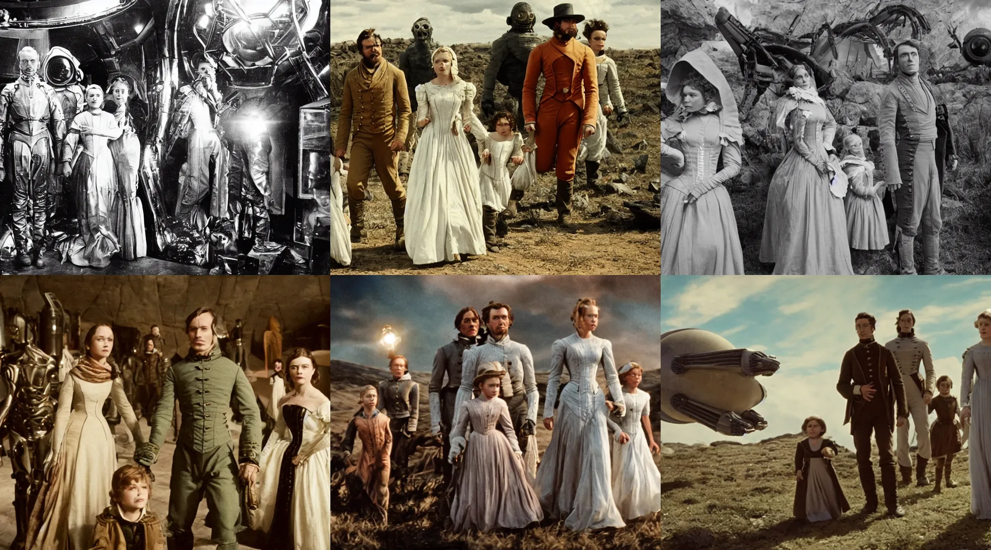 Prompt: 35mm still from a sci fi blockbuster movie made in 3222, set in 1860, of a family leaving a spaceship, that has just landed on an alien planet, wearing 1850s era clothes, cinematic lighting, 4k, in focus faces, oscar winner, high quality photography