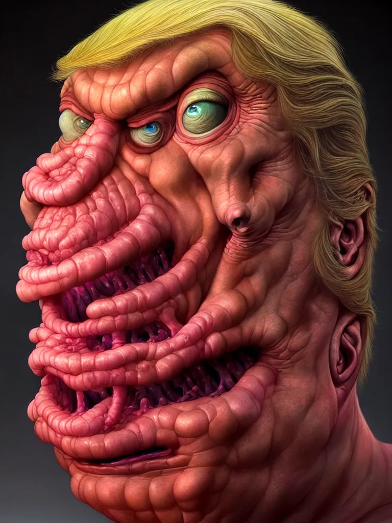 Image similar to hyperrealistic rendering, fat smooth cronenberg flesh monster trump by donato giancola and greg rutkowski and wayne barlow and zdzisław beksinski, eyeballs, product photography, action figure, sofubi, studio lighting, colored gels, colored background