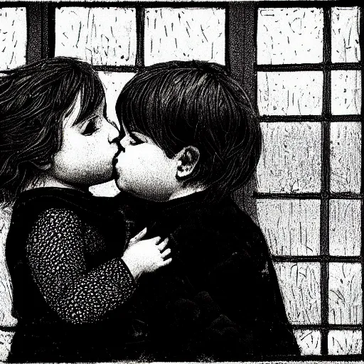 Image similar to the same style. the most beautiful little fat sweet girl is kissing a huge colorful cute fish. modern etching. colored print. hype realistic scene. old photography style. studio lighting. window