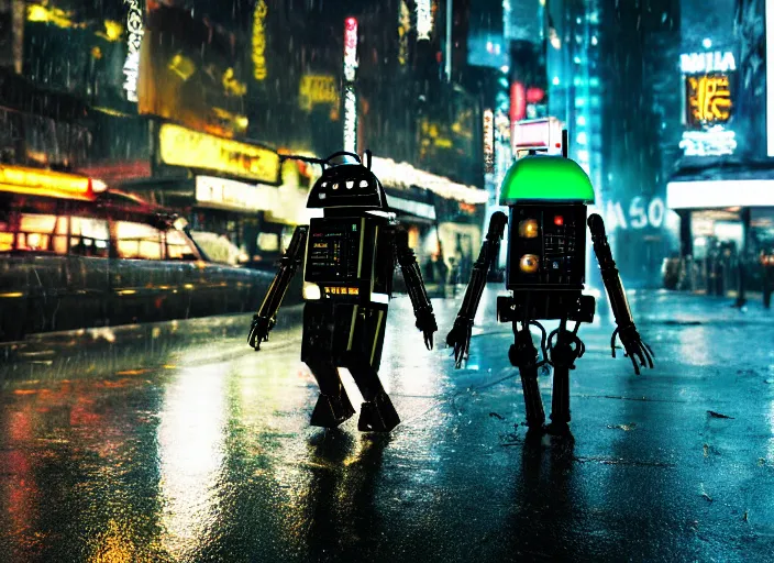 Image similar to a kodachrome photo of a tall huge metallic cyborg droid android with glowing lights, running sprinting on a rainy night in the city in the 1 9 5 0's, seen from a distance, canon 5 0 mm, cinematic lighting, film, photography, award - winning, neon, cyberpunk, blade runner