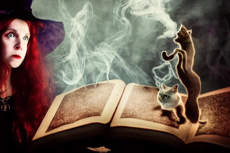 Image similar to close up portrait, dramatic lighting, teen alice witch casting a spell over a large open book on a table with,, cat on the table in front of her, sage smoke, a witch hat cloak, apothecary shelves in the background, still from tim burton movie