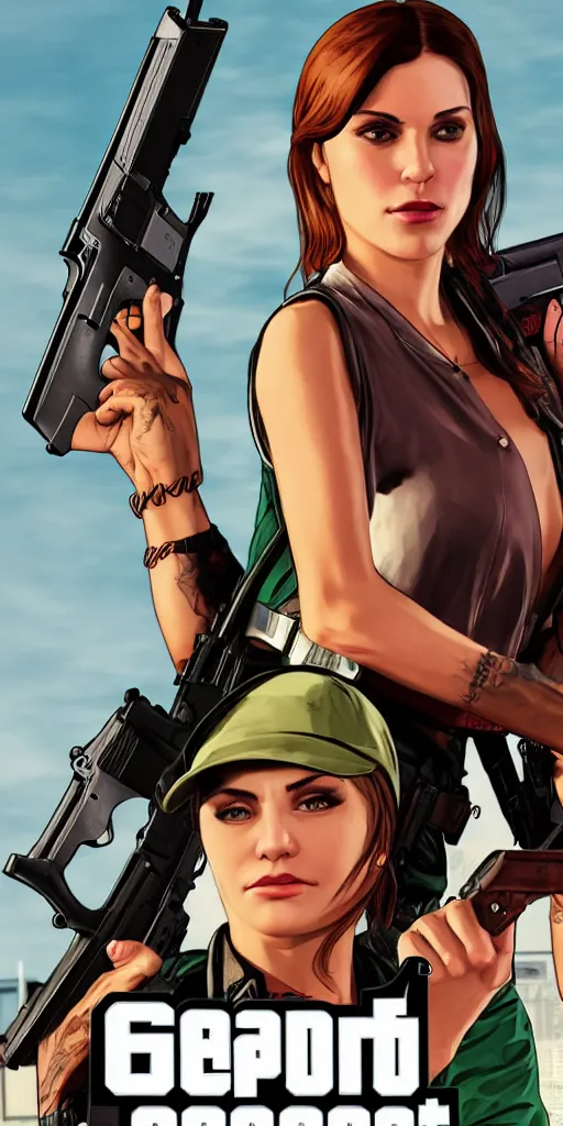 Image similar to sanna marin as a character in gta v cover holding a gun