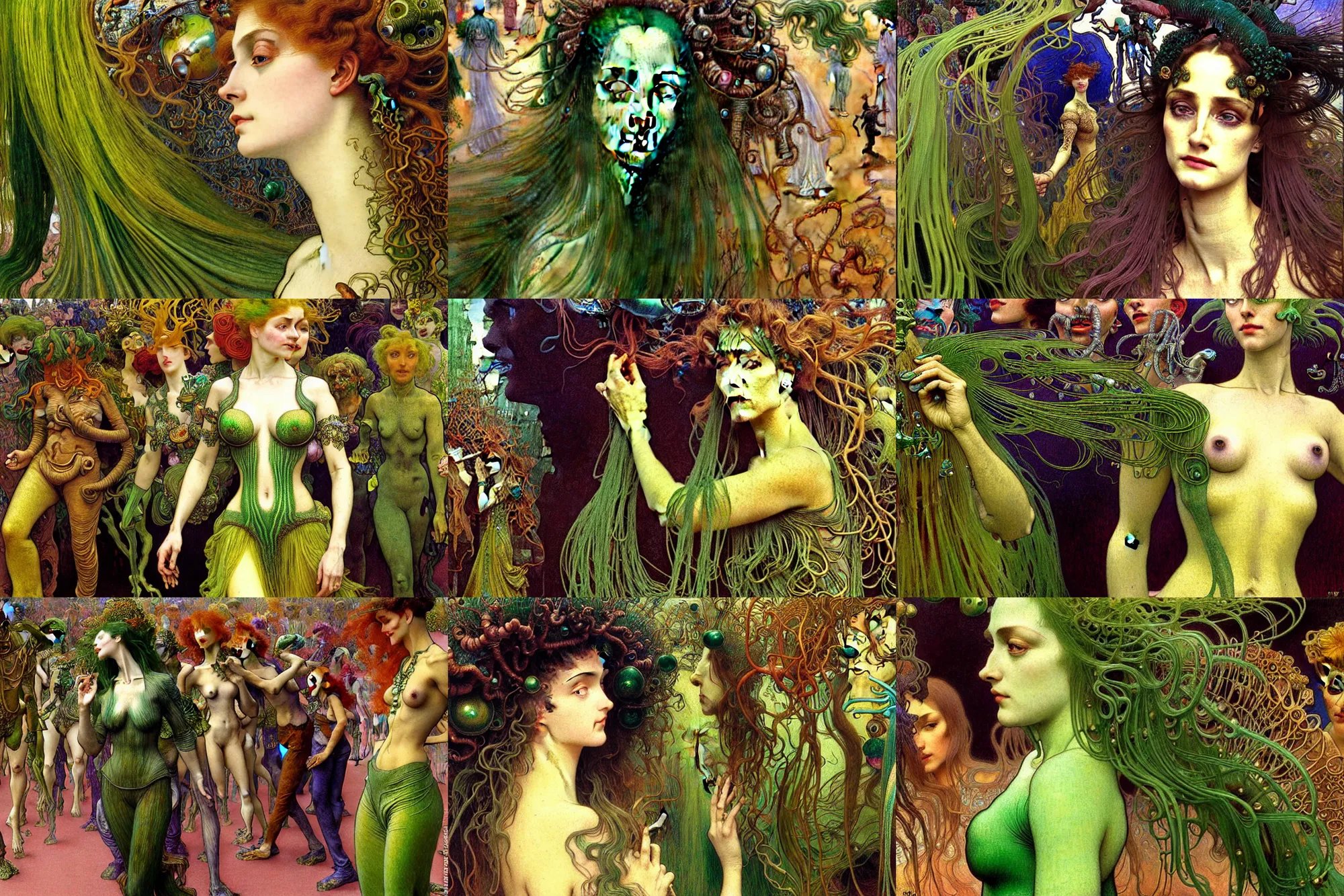 Prompt: realistic extremely detailed closeup portrait painting of a beautiful green haired woman wearing detailed drapes walking in a crowded street, detailed alien crowd on background by Jean Delville, Amano, Yves Tanguy, Ilya Repin, Alphonse Mucha, William Holman Hunt, Ernst Haeckel, Edward Robert Hughes, Roger Dean, rich moody colours