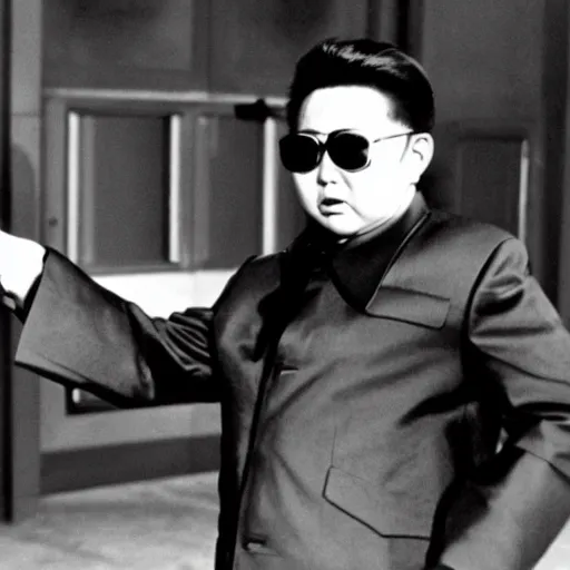 Prompt: a still of Kim Jong-il disguised as James Bond, 35mm film, classic Bond iconic shot, spy