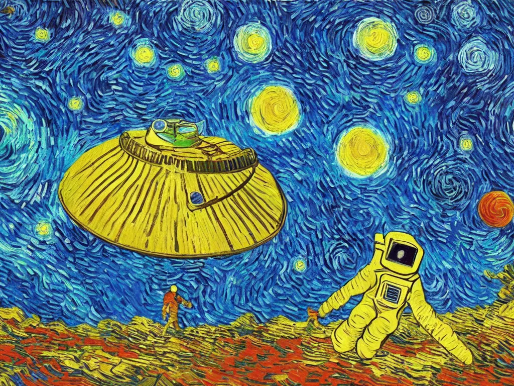 Image similar to bright beautiful oil painting of astronaut lands on a tropical candy planet, light scatter, van gogh