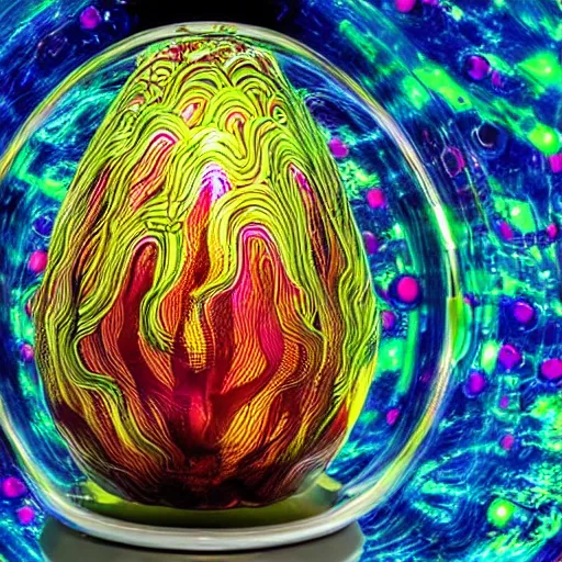 Prompt: portrait of a plasma energy tron murano faberge candy glass egg designed by david chihuly. made up of glowing swirling electric pixels. tron world background. photo still by annie liebowitz