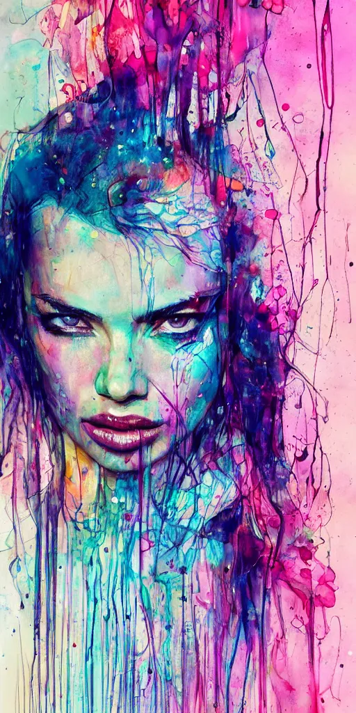 Image similar to adriana lima by agnes cecile enki bilal moebius, intricated details, sitting on a stool, full body portrait, extremely luminous bright design, pastel colours, drips, autumn lights