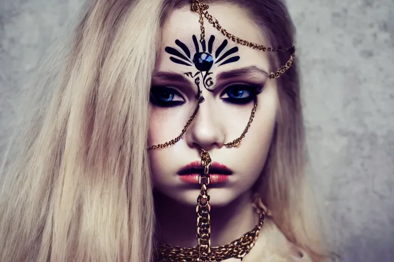 Image similar to fashion photograph of a cute girl with long blonde hair, hanging chain face jewelry and geometric floral face makeup, fantasy outfit, realistic