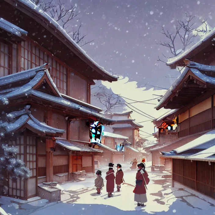 Image similar to japanese rural town, winter, in the style of studio ghibli, j. c. leyendecker, greg rutkowski, artem