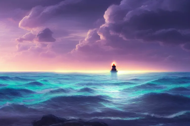 Image similar to photo of man riding a horse along the beach, glowing underwater waves toward a lighthouse in the distance guiding his way, silhouette, wide horizon, large white clouds, night, intricate, elegant, highly detailed, digital painting, artstation, concept art, smooth, sharp focus, illustration, art by artgerm and greg rutkowski and fra angelico