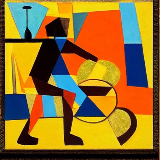 Image similar to beautiful sunset, guy playing a drum, cubism.