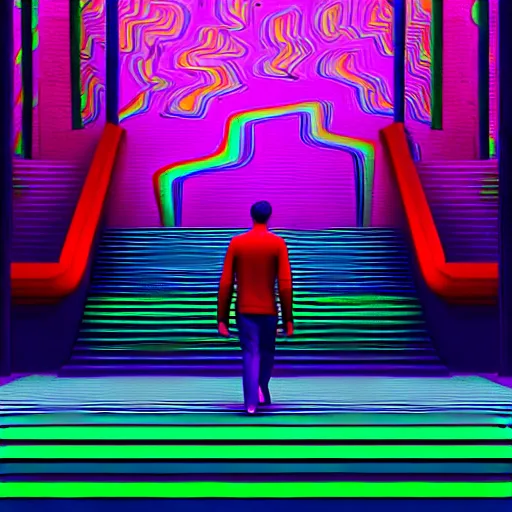 Image similar to photo - realistic, painting of a man walking alone in the boulevard of psychedelic dreams, trippy stairs in the background, hyper detail, sharp, in the style of beeple, mobeius, rule of thirds, unreal engine