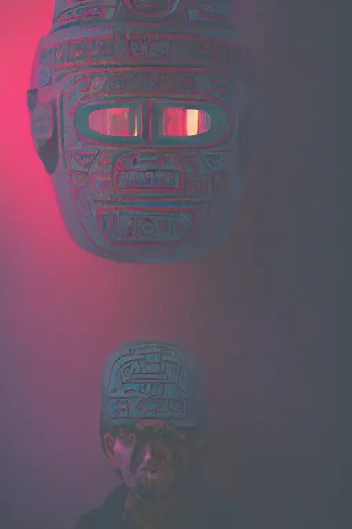 Image similar to agfa vista 4 0 0 portrait photograph of a meso american guy on a spaceship, aztec face mask, ancient yet futuristic, meso american aesthetic, aztec aesthetic, synth vibe, vaporwave colors, lens flare, moody lighting, moody vibe, telephoto, 9 0 s vibe, blurry background, grain, tranquil, calm, faded!,