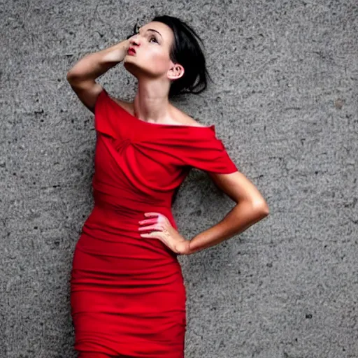 Image similar to a girl wearing a red dress, geometric shapes, high contrast