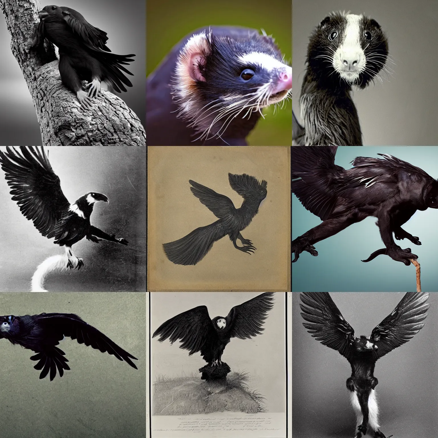 Prompt: photograph of a creature with the body of a ferret, wings and beak of a raven.