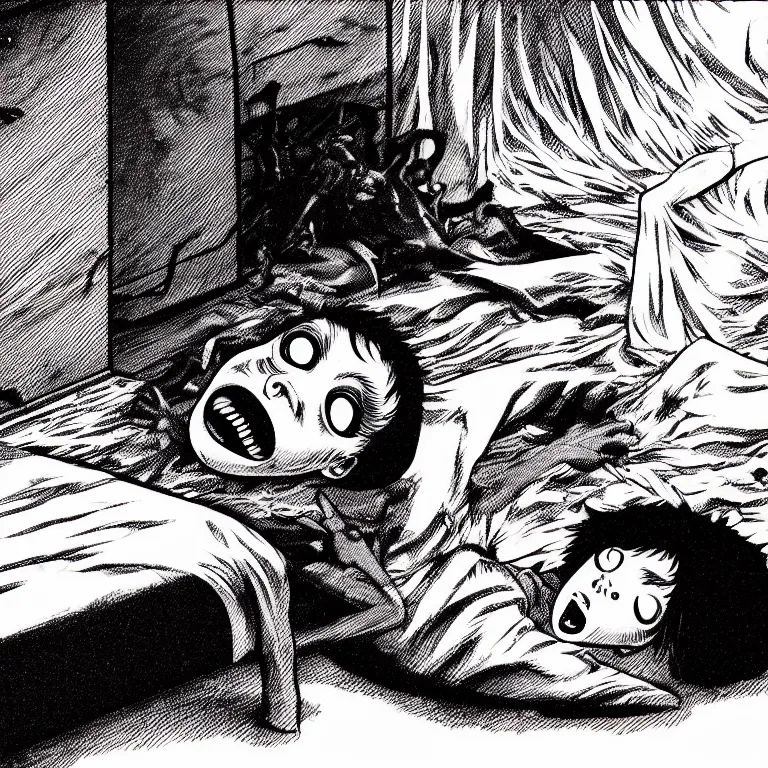 Prompt: cursed illustration of beautifully ominous creepy sleep paralysis demon sliding inside 1 9 8 0's teeanger cluttered bedroom. manga style of junji ito, kentaro mirua, weirdcore, octane render