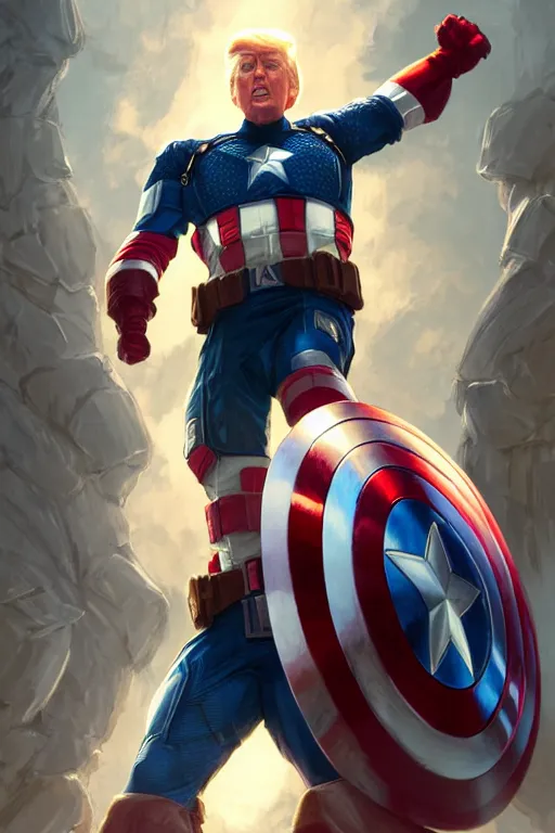 Image similar to a distant cinematic shot of Donald Trump as Captain America, D&D, fantasy, intricate, elegant, highly detailed, digital painting, artstation, concept art, matte, smooth, sharp focus, illustration, art by Artgerm and Greg Rutkowski and Alphonse Mucha, octane render, 8k, hyper realistic