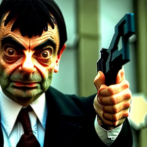 Prompt: mr. bean as scarface. movie still. cinematic lighting.