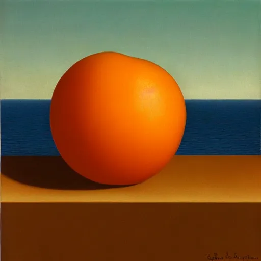 Prompt: the son of man but with an orange instead of an apple, painting by rene magritte, high detail, high resolution