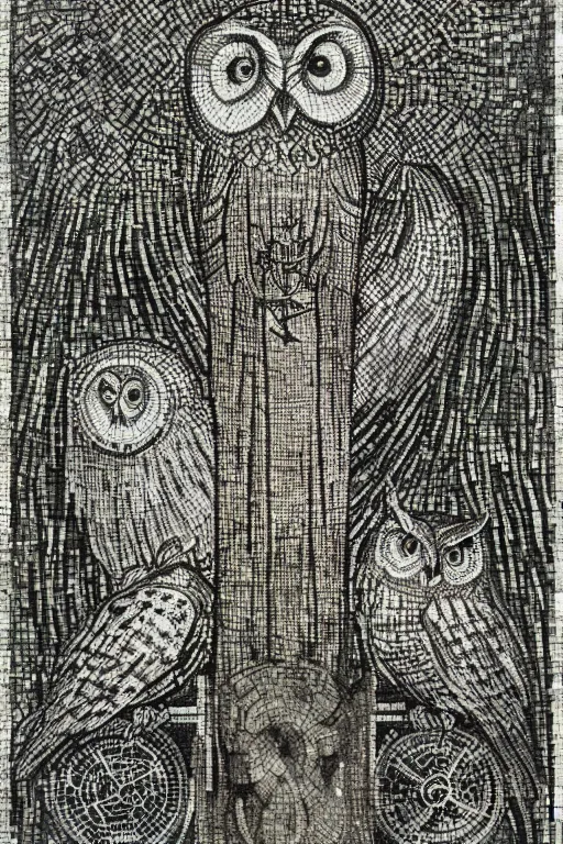 Prompt: realistic medieval etching mosaic of the owls of astarte, intrincate detail, clear cross hatching, detailed faces. by austin osman spare, occult art, alchemical diagram