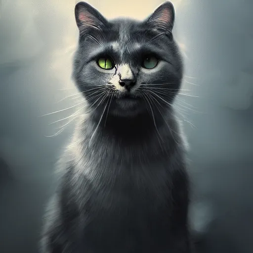 Image similar to a cat in a world full of ghosts, professional photo, professional lighting, trending on artstation, hdr, by albert bierstadt, well detailed, horror