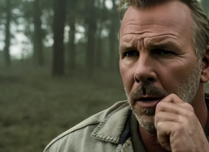 Image similar to film still of!!!!! kevin costner!!!!! as jim hopper in stranger things, 4 k