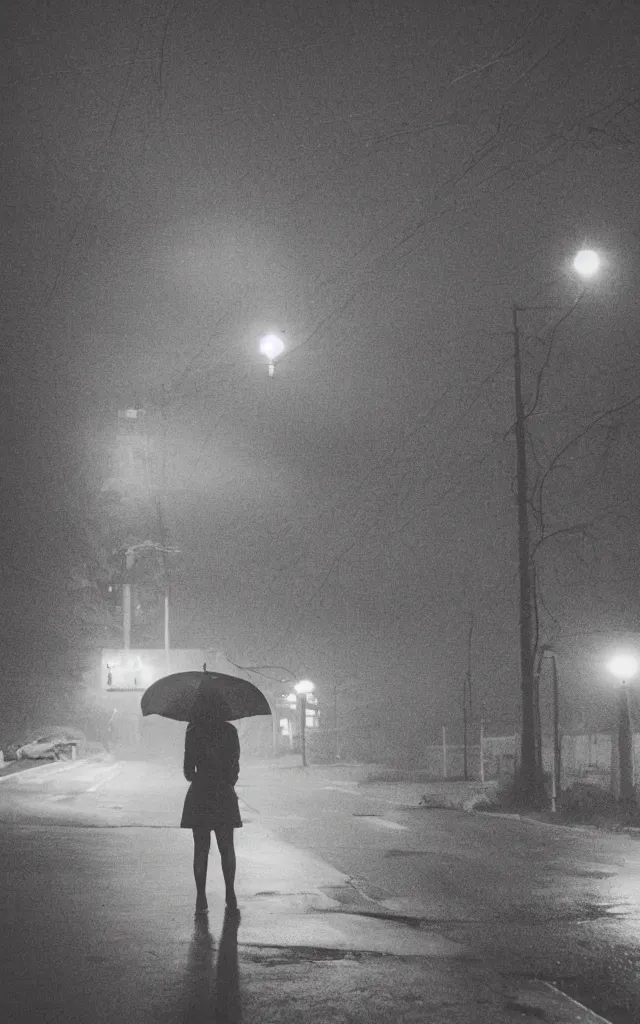 Prompt: “ quiet american neighborhood at night, a woman waiting with a black umbrella, photography in the style of gregory crewdson, mist, rule of thirds ”