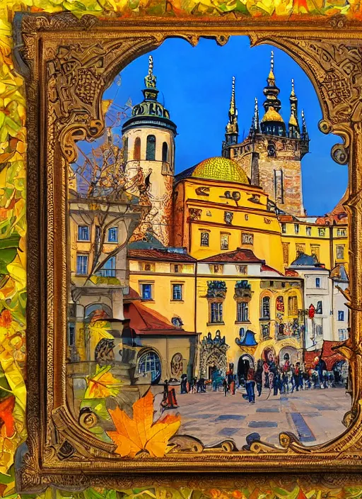 Image similar to painting of beautiful shot of Royal medieval European city like Prague mixed with Istanbul like Islamic architecture with greenery all around , autumn colors