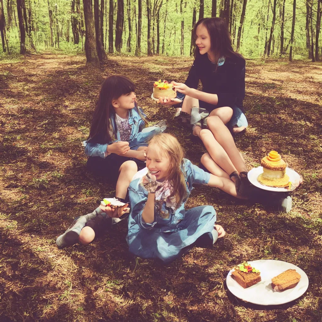 Prompt: a girl sitting in a forest, girl eating a piece of cake, sunny day, windy day