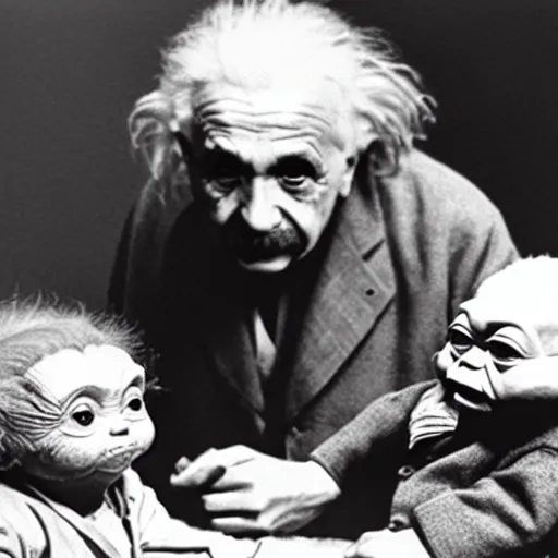 Prompt: photo of Einstein teaching baby Yoda mathematics