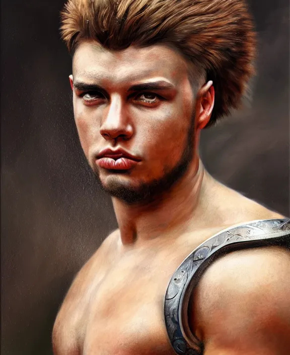 Image similar to portrait of a handsome young latin gladiator, art by denys tsiperko and bogdan rezunenko and franz xaver kosler, hyperrealism, fantasy art