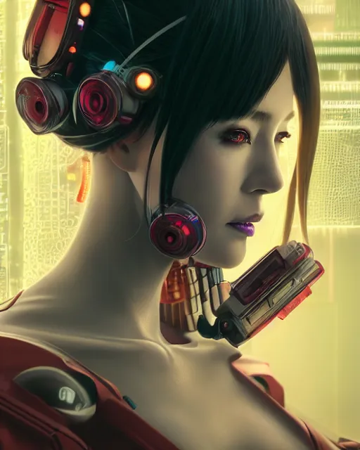 Prompt: a portrait of a beautiful cyberpunk geisha robot, ghost in the shell geisha robot, by wlop, by rossdraws, motherboard, circuitry, wires, neon lights, micro detail, octane render, sci - fi, intricate, 8 k, cgsociety