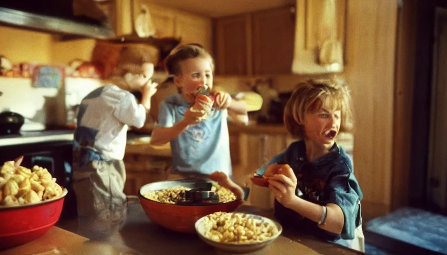 Image similar to 1 9 9 0 s candid 3 5 mm photo of a beautiful day in the family kitchen, cinematic lighting, cinematic look, golden hour, a real tiger is forcing the children to eat cereal, uhd