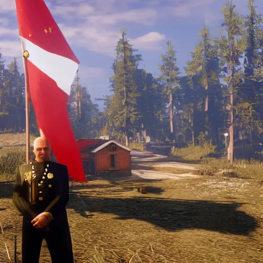 Image similar to Alexander Lukashenko with the belarussian flag in the background in Red Dead Redemption 2