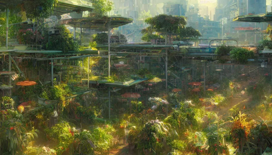 Image similar to craig mullins and ghibli digital illustration of solarpunk vertical farms, fields of crops and hydroponics under a force field, colorful, unreal engine, hyper realism, realistic shading, cinematic composition, realistic render, octane render, detailed textures, photorealistic, wide shot