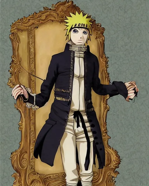 Image similar to naruto anime character wearing a beautiful 1 8 th century suit with a tie, rococo style, ed emshwiller style, highly detailed, very realistic, painterly style