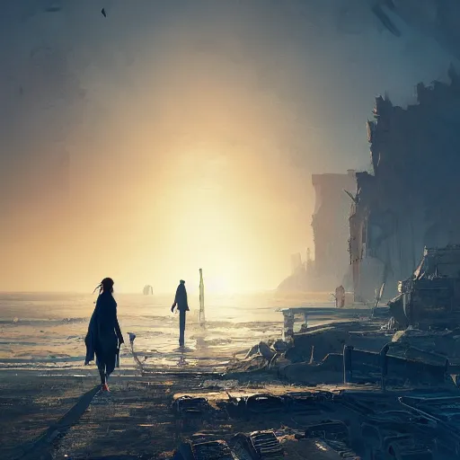 Prompt: Sunny day in abandoned bay at dried sea, dystopian style detailed digital art by Greg Rutkowski, Thomas Kinkade, rossdraws, trending on Artstation, outlined silhouettes